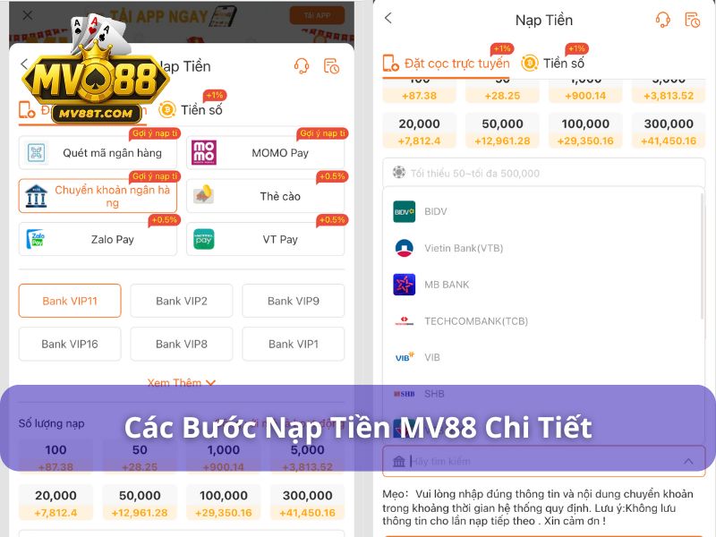 Nạp & Rút Tiền MV88 - Hướng Dẫn Giao Dịch Nhanh, An Toàn Các bước nạp tiền cơ bản tại MV88